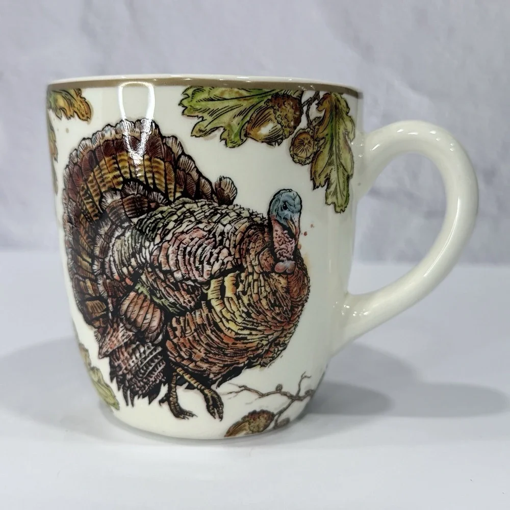 Pier 1 Imports Earthenware Coffee Mug Cup Autumn Oak Fall Thanksgiving Turkey